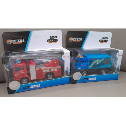 TOI-TOYS DIE CAST METAL World Truck: Vuilniskar Blauw en  Brandweer Auto Met Ladder